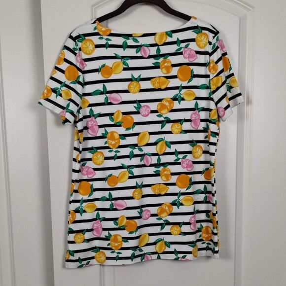 Kim Rogers Short Sleeve Split Neck Stripe Lemon Printed Cotton Shirt, Size S - Picture 3 of 5